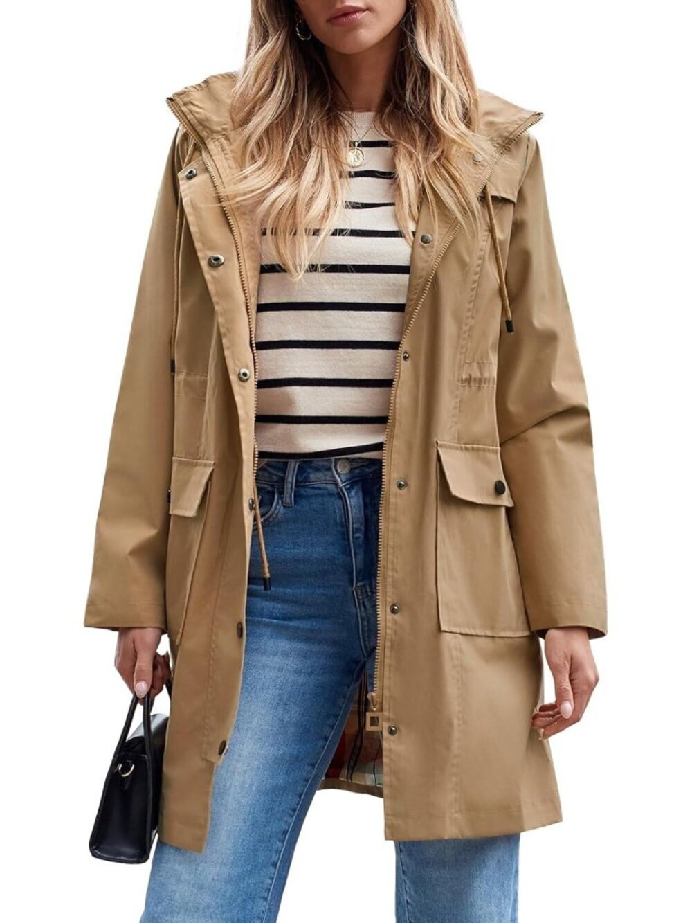 Women's Tan Long Raincoat Hooded Windbreaker Waterproof Imported Trench Coat